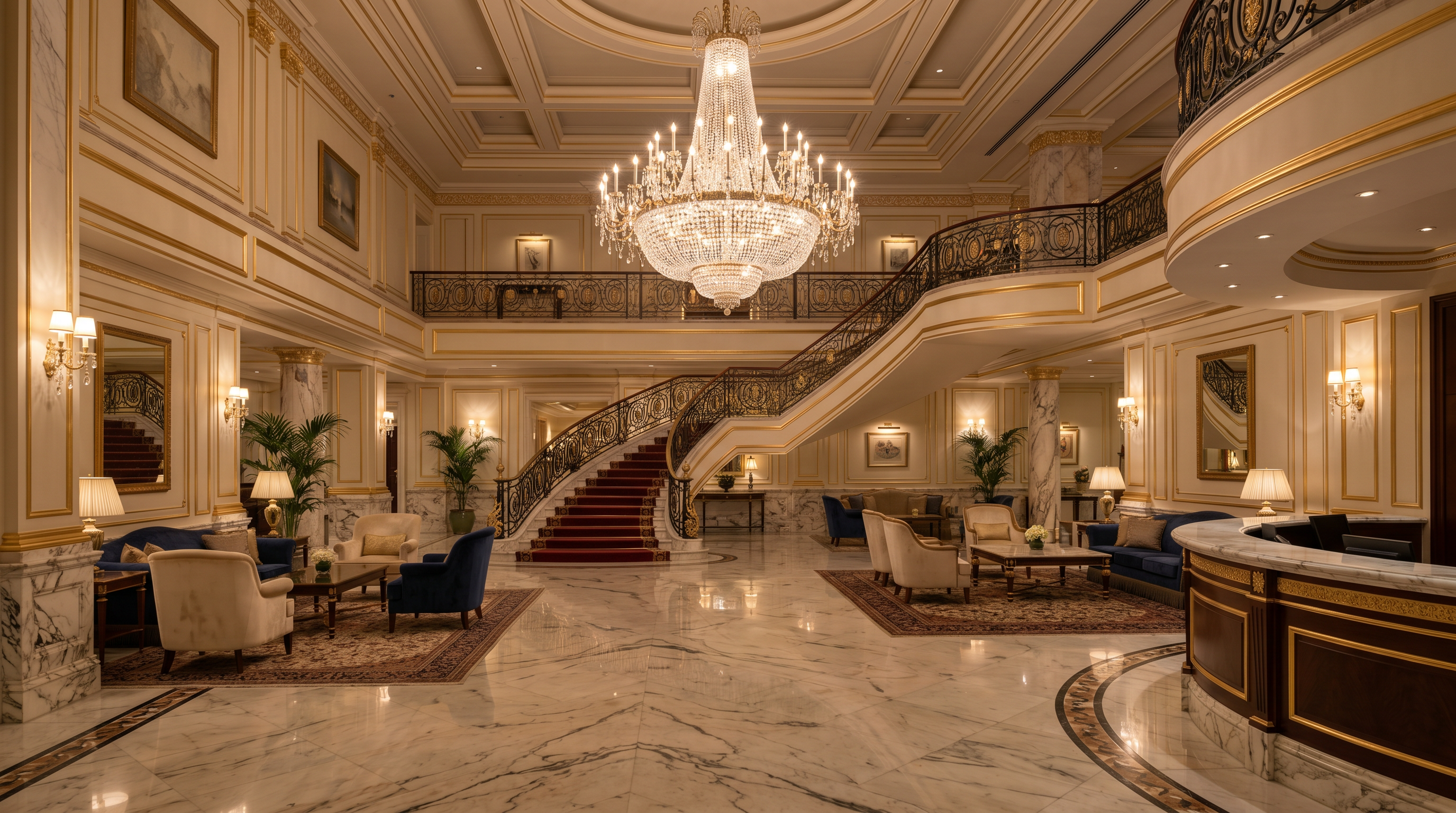 Marble hotel lobby with chandelier at BestRankingUK